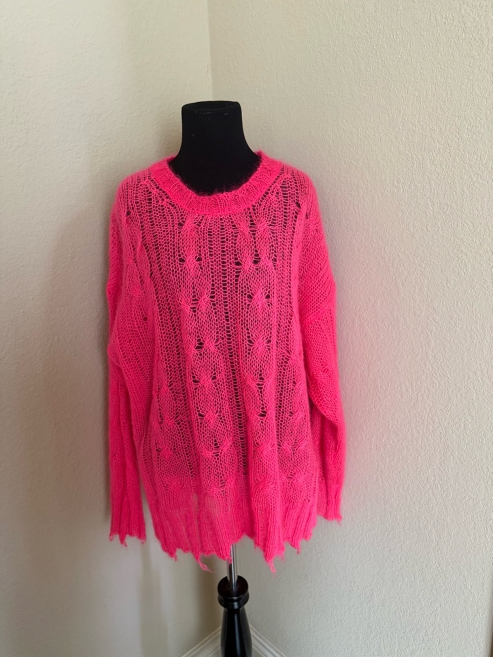 Anthropologie Neon Pink Open-Knit Crewneck Sweater